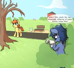 Size: 4096x3772 | Tagged: safe, artist:wenni, derpibooru import, oc, oc:jellybean, oc:whinny, unofficial characters only, bat pony, earth pony, pony, bat pony oc, bat wings, bench, bow, bush, dialogue, flower, hair bow, nasal ranger, nose piercing, nose ring, open mouth, park, piercing, sitting, smelloscope, smiling, sniffing, trash can, tree, vulgar, wings