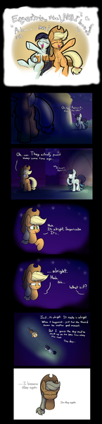 Size: 2000x8300 | Tagged: safe, artist:heir-of-rick, derpibooru import, applejack, coloratura, earth pony, pony, bust, cider, comic, dialogue, drunk, drunk aj, duo, equestria the land i love, eyes closed, feels, female, hoof hold, implied bright mac, implied pear butter, mare, mood whiplash, music notes, night, raised hoof, rara, sad, singing, sitting, stars