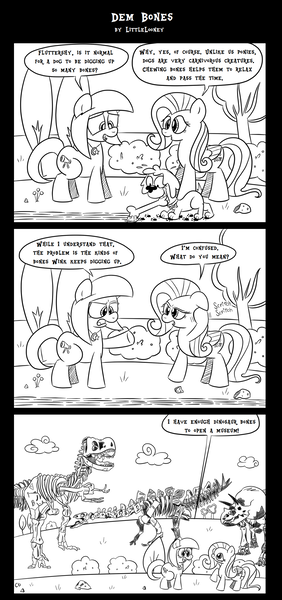 Size: 1168x2482 | Tagged: safe, artist:littlelooney, derpibooru import, fluttershy, oc, oc:moonbeam, dinosaur, dog, earth pony, pegasus, pony, stegosaurus, triceratops, tyrannosaurus rex, bone, comic, dialogue, female, mare, monochrome, oops, skeleton, speech bubble, thagomizer, torosaurus, tree