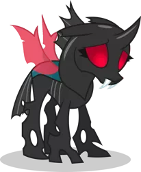Size: 845x1024 | Tagged: artist:kayman13, changeling, derpibooru import, female, floppy ears, mesosoma, red eyes, rule 63, sad, safe, simple background, the times they are a changeling, thorax, transparent background
