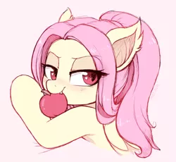 Size: 2651x2438 | Tagged: safe, artist:moozua, derpibooru import, fluttershy, bat pony, pony, alternate hairstyle, apple, bat ponified, bedroom eyes, cute, eye clipping through hair, fangs, female, flutterbat, food, heart eyes, mare, mouth hold, race swap, shyabates, shyabetes, solo, wingding eyes