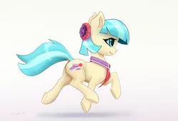 Size: 5251x3569 | Tagged: safe, artist:xbi, derpibooru import, coco pommel, earth pony, pony, clothes, cocobetes, cute, dock, female, flower, flower in hair, full body, gradient background, mare, necktie, running, side view, solo