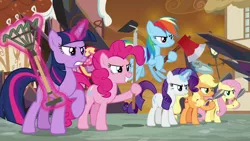 Size: 1920x1080 | Tagged: safe, derpibooru import, screencap, applejack, fluttershy, pinkie pie, rainbow dash, rarity, twilight sparkle, twilight sparkle (alicorn), alicorn, pony, the beginning of the end, axe, badass, clipper, flutterbadass, garden hoe, gardening tools, mane six, rake, shears, trowel, weapon