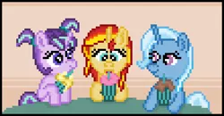 Size: 550x285 | Tagged: safe, artist:8-bitbrony, derpibooru import, starlight glimmer, sunset shimmer, trixie, pony, unicorn, cute, daaaaaaaaaaaw, diatrixes, drink, drinking, drinking straw, female, filly, filly starlight glimmer, filly sunset shimmer, filly trixie, glimmerbetes, hnnng, magical trio, mare, milkshake, pixel art, shimmerbetes, simple background, smiling, table, trio, younger