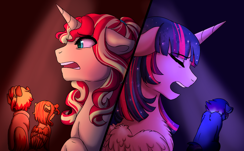 Size: 967x600 | Tagged: safe, artist:miamaha, derpibooru import, sunset shimmer, twilight sparkle, twilight sparkle (alicorn), oc, oc:astral dusk, oc:eventide twister, oc:nova spark, alicorn, pony, dear evan hansen, magical lesbian spawn, offspring, parent:quarter hearts, parent:sunset shimmer, parent:tempest shadow, parent:twilight sparkle, parents:sunsethearts, parents:tempestlight