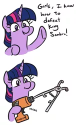 Size: 490x805 | Tagged: semi-grimdark, artist:jargon scott, derpibooru import, twilight sparkle, pony, the beginning of the end, comic, dialogue, female, henderson tool, hoof hold, implied castration, implied king sombra, mare, power drill, simple background, smiling, this will end in castration, this will end in pain, white background