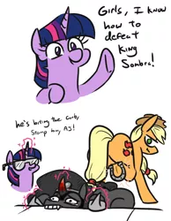 Size: 584x751 | Tagged: semi-grimdark, artist:jargon scott, derpibooru import, applejack, king sombra, twilight sparkle, earth pony, pony, unicorn, the beginning of the end, american history x, applebutt, bite the curb, bucking, butt, california smile, comic, curb stomp, dialogue, female, frog (hoof), glowing horn, goggles, hoof shoes, horn, horseshoes, image, magic, magic suppression, male, mare, ouch, plot, png, simple background, sombrabuse, stallion, telekinesis, this ended in pain, this will end in death, underhoof, white background