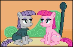 Size: 765x495 | Tagged: safe, artist:8-bitbrony, derpibooru import, maud pie, pinkie pie, earth pony, pony, rock solid friendship, brown background, female, impersonating, lidded eyes, looking at each other, mare, pixel art, siblings, simple background, sisters, sitting