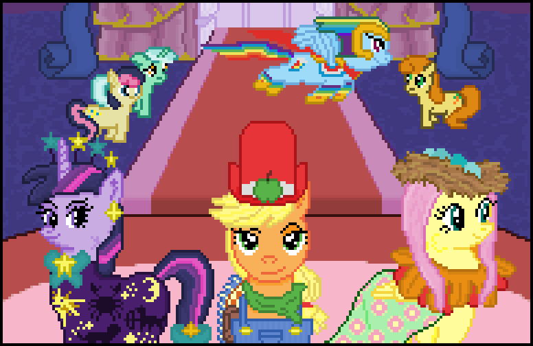 Size: 776x504 | Tagged: safe, artist:8-bitbrony, derpibooru import, applejack, bon bon, carrot top, fluttershy, golden harvest, lyra heartstrings, rainbow dash, sweetie drops, twilight sparkle, earth pony, pegasus, pony, unicorn, suited for success, bird nest, clothes, constellation dress, dress, egg, female, flying, gala dress, hat, helmet, looking at you, mare, pixel art, pose, rainbow dash always dresses in style, stage, stars, unicorn twilight, wings