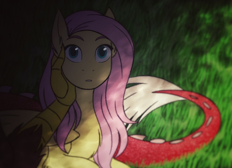 Size: 1482x1070 | Tagged: safe, artist:tamersworld, derpibooru import, discord, fluttershy, pegasus, pony, cute, discoshy, ear fluff, female, male, male pov, mare, offscreen character, pov, shipping, shyabetes, straight