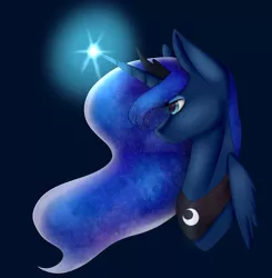 Size: 1792x1831 | Tagged: safe, artist:amcirken, derpibooru import, princess luna, alicorn, pony, blue background, bust, ethereal mane, female, galaxy mane, glowing horn, horn, jewelry, mare, no mouth, regalia, simple background, solo, starry mane