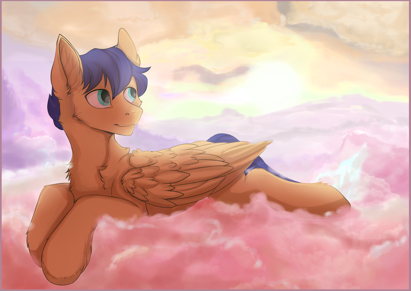 Size: 2222x1575 | Tagged: source needed, useless source url, safe, artist:mecaw, derpibooru import, oc, oc:crushingvictory, unofficial characters only, pony, chest fluff, cloud, fluffy, folded wings, hoof fluff, neck fluff, not flash sentry, smiling, sunset, wings