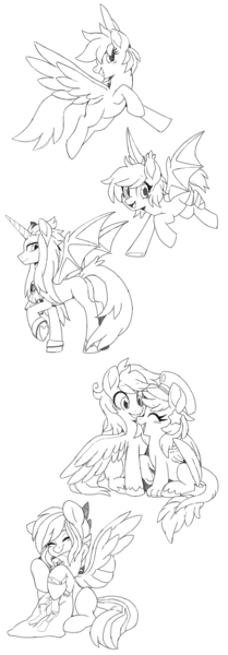 Size: 2000x5730 | Tagged: safe, artist:oxy-diamond, derpibooru import, oc, unofficial characters only, alicorn, bat pony, bat pony alicorn, original species, pegasus, amputee, bandage, bat pony oc, bat wings, body pillow, hat, horn, monochrome, sketch, smiling, wings