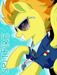 Size: 911x1208 | Tagged: safe, artist:oxy-diamond, derpibooru import, spitfire, pegasus, pony, abstract background, clothes, polo shirt, smiling, solo, sunglasses, teeth grinding, title, uniform, whistle, wonderbolts uniform