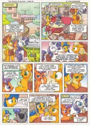 Size: 3495x4885 | Tagged: safe, artist:xeviousgreenii, derpibooru import, applejack, rarity, scootaloo, oc, oc:diskette drives, pony, comic:the temple of bloom, cider mug, comic, eyepatch, female, juice, juice box, male, mare, mug, spit take, stallion