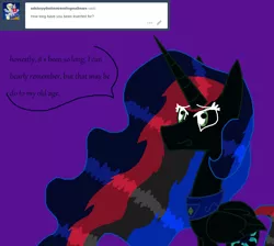 Size: 1040x932 | Tagged: safe, artist:eeveeglaceon, derpibooru import, princess celestia, alicorn, pony, tumblr:the sun has inverted, ask, blue sun, color change, correstia, corrupted, corrupted celestia, corruptia, darkened coat, female, green eyes, how long has it been, invert princess celestia, inverted, inverted colors, inverted princess celestia, multicolored hair, possessed, possesstia, purple background, rainbow hair, sidemouth, simple background, solo, tumblr, violet background, word balloon, word bubble