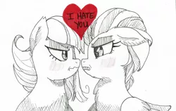 Size: 1280x810 | Tagged: safe, artist:tragic-seti, derpibooru import, lightning dust, limestone pie, earth pony, pegasus, pony, black and white, blatant lies, blushing, chest fluff, female, grayscale, gritted teeth, heart, lesbian, limedust, limetsun pie, love, mare, monochrome, partial color, shipping, traditional art, tsundere, tsundust, wavy mouth