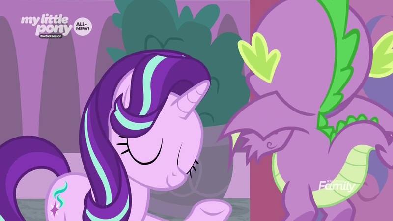 Size: 1920x1080 | Tagged: safe, derpibooru import, screencap, spike, starlight glimmer, dragon, pony, the beginning of the end, discovery family logo, eyes closed, flying, looking at each other, plant, raised hoof, winged spike