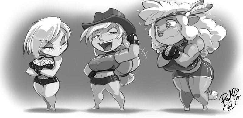 Size: 2305x1117 | Tagged: applejack, artist:shonuff44, belly button, big breasts, breasts, busty applejack, busty gilda, busty little strongheart, chibi, clothes, commission, derpibooru import, gilda, grayscale, human, humanized, implied lesbian, jealous, little strongheart, midriff, monochrome, muscles, sketch, smiling, suggestive, workout outfit