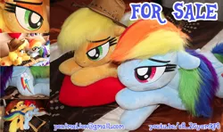 Size: 4320x2560 | Tagged: safe, artist:ponimalion, derpibooru import, applejack, rainbow dash, pegasus, pony, bed, bedroom eyes, couch, female, folded wings, freckles, hat, irl, laying on bed, life size, lying, mare, on bed, photo, plushie, sofa bed, wings