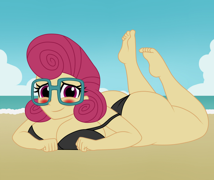 Size: 1900x1600 | Tagged: suggestive, artist:mashoart, derpibooru import, posey shy, equestria girls, adorasexy, ass, ass up, beach, big breasts, bikini, breasts, busty posey shy, butt, clothes, cute, equestria girls-ified, feet, female, glasses, looking at you, milf, mrs. buttshy, posey butt, sexy, smiling, solo, solo female, swimsuit, thick, thighs