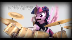 Size: 9600x5400 | Tagged: safe, artist:imafutureguitarhero, artist:tjpones, derpibooru import, sci-twi, twilight sparkle, twilight sparkle (alicorn), alicorn, pony, 3d, absurd file size, absurd resolution, adaptation, adidas, angry, bandage, black bars, chromatic aberration, clothes, colored eyebrows, drum kit, drum set, drumming, drums, drumsticks, exclamation point, female, film grain, freckles, frown, glare, hair bun, hoodie, hoof hold, horn, mare, monochrome, motion blur, musical instrument, open mouth, recursive fanart, scitwilicorn, signature, simple background, solo, source filmmaker, text, wallpaper, white background, wings, yeah, yelling