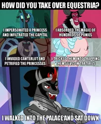 Size: 640x780 | Tagged: safe, derpibooru import, edit, edited screencap, screencap, cozy glow, king sombra, lord tirek, queen chrysalis, storm king, changeling, changeling queen, pegasus, pony, unicorn, my little pony: the movie, school raze, the beginning of the end, to where and back again, twilight's kingdom, antagonist, caption, female, filly, foal, image macro, stupid sexy sombra, text