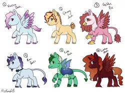 Size: 2051x1524 | Tagged: safe, artist:misskanabelle, derpibooru import, oc, unofficial characters only, alicorn, changepony, classical hippogriff, earth pony, hippogriff, hybrid, pegasus, pony, blank flank, bowtie, interspecies offspring, magical lesbian spawn, offspring, parent:applejack, parent:big macintosh, parent:cherry jubilee, parent:fancypants, parent:fluttershy, parent:gilda, parent:pinkie pie, parent:princess ember, parent:princess luna, parent:rainbow dash, parent:rarity, parent:thorax, parents:cherryjack, parents:embrax, parents:flutterdash, parents:gildapie, parents:lunamac, parents:raripants, raised hoof