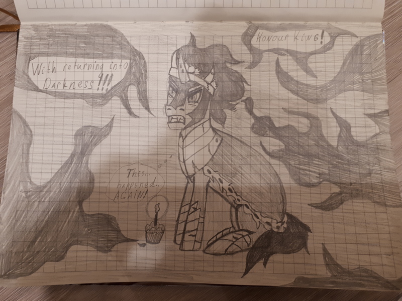 Size: 4608x3456 | Tagged: artist:katya, candle, derpibooru import, food, graph paper, king sombra, muffin, safe, solo, traditional art