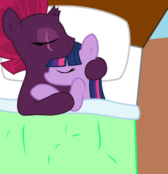 Size: 8151x8438 | Tagged: safe, artist:ejlightning007arts, derpibooru import, fizzlepop berrytwist, tempest shadow, twilight sparkle, pony, unicorn, bed, broken horn, cute, eye scar, female, horn, lesbian, scar, shipping, sleeping, snuggling, tempestlight