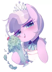 Size: 1461x1997 | Tagged: safe, artist:setoya, derpibooru import, diamond tiara, earth pony, pony, cherry, clothes, female, food, jewelry, mare, milkshake, simple background, solo, straw, tiara, white background