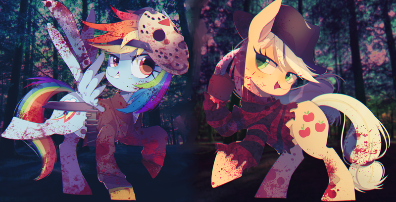 Size: 3335x1700 | Tagged: semi-grimdark, artist:setoya, derpibooru import, applejack, rainbow dash, earth pony, pegasus, pony, a nightmare on elm street, blood, clothes, cosplay, costume, freddy krueger, friday the 13th, green eyes, halloween, hat, holiday, jason voorhees, looking at you, nightmare on elm street, open mouth, pink eyes, slasher, smiling