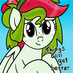 Size: 849x849 | Tagged: safe, artist:sjart117, derpibooru import, oc, oc:watermelana, unofficial characters only, pegasus, pony, animated, barely animated, blue background, blushing, female, freckles, gif, looking at you, mare, motivational, positive ponies, simple background, solo, speech, talking