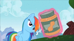 Size: 1280x720 | Tagged: safe, derpibooru import, screencap, rainbow dash, pegasus, pony, the mysterious mare do well, animated, biting, cracking joints, food, horse problems, implied amethyst star, jar, magic, peanut butter, peanut butter jar, solo, sound, telekinesis, webm