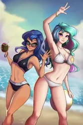 Size: 799x1200 | Tagged: armpits, artist:the-park, beach, belly button, bikini, breasts, clothes, cute, cutelestia, derpibooru import, duo, female, human, human coloration, humanized, lunabetes, midriff, ocean, princess celestia, princess luna, royal sisters, safe, smiling, sunglasses, swimsuit