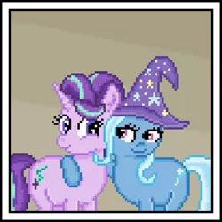 Size: 515x515 | Tagged: safe, artist:8-bitbrony, derpibooru import, starlight glimmer, trixie, pony, unicorn, best friends, clothes, cute, diatrixes, duo, duo female, female, glimmerbetes, hat, hug, lidded eyes, mare, missing accessory, pixel art, reformed starlight, simple background, smiling, trixie's hat