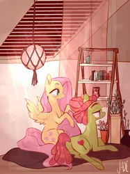 Size: 1280x1707 | Tagged: safe, artist:jademoona, derpibooru import, fluttershy, tree hugger, pony, couple, crepuscular rays, cute, dexterous hooves, duo, female, hair styling, indoors, lamp, peaceful