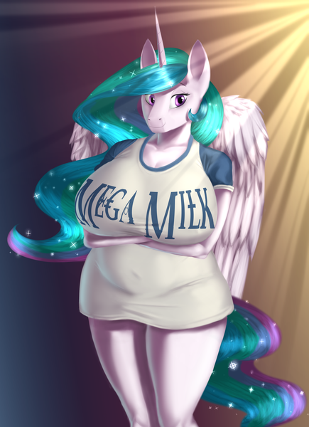 Size: 1936x2672 | Tagged: alicorn, anthro, artist:joenobody, big breasts, bottomless, breasts, busty princess celestia, clothes, crepuscular rays, derpibooru import, female, folded wings, huge breasts, mega milk, meme, partial nudity, plump, princess celestia, slightly chubby, smiling, solo, solo female, stupid sexy celestia, suggestive, wide hips, wings