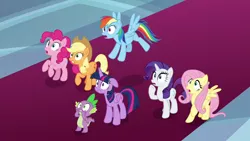 Size: 1280x720 | Tagged: safe, derpibooru import, screencap, applejack, fluttershy, pinkie pie, rainbow dash, rarity, spike, twilight sparkle, twilight sparkle (alicorn), alicorn, dragon, earth pony, pegasus, pony, unicorn, the beginning of the end, applejack's hat, cowboy hat, cutie mark, female, hat, male, mane seven, mane six, mare, winged spike, wings