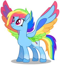 Size: 857x933 | Tagged: safe, artist:angellight-bases, artist:mlp-lolada, derpibooru import, rainbow dash, pegasus, pony, rainbow roadtrip, leak, spoiler:g5, base used, coat markings, colored hooves, colored wings, colored wingtips, female, g5, mare, movie accurate, multicolored wings, rainbow dash (g5), rainbow wings, simple background, smiling, solo, spread wings, transparent background, vector, wing bling, wings
