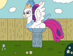 Size: 3294x2550 | Tagged: artist:supahdonarudo, backyard, behaving like a bird, bird bath, birds doing bird things, bush, classical hippogriff, derpibooru import, ed edd n eddy, fence, flower, hippogriff, if i fits i sits, majestic as fuck, my little pony: the movie, plank, queen novo, safe, scowl