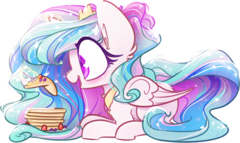 Size: 836x500 | Tagged: safe, artist:loneless-art, derpibooru import, princess celestia, alicorn, pony, blueberry, blushing, chest fluff, chibi, colored pupils, cute, cutelestia, ear fluff, ethereal mane, eyes on the prize, female, food, fork, glowing horn, happy, horn, levitation, long mane, magic, mare, missing accessory, open mouth, pancakes, prone, shiny, shoulder fluff, simple background, smiling, solo, sparkles, starry mane, strawberry, telekinesis, transparent background, whipped cream
