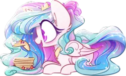 Size: 836x500 | Tagged: safe, artist:loneless-art, derpibooru import, princess celestia, alicorn, pony, blueberry, blushing, chest fluff, chibi, colored pupils, cute, cutelestia, ear fluff, ethereal mane, eyes on the prize, female, food, fork, glowing horn, happy, horn, levitation, long mane, magic, mare, missing accessory, open mouth, pancakes, prone, shiny, shoulder fluff, simple background, smiling, solo, sparkles, starry mane, strawberry, telekinesis, transparent background, whipped cream