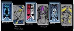 Size: 893x380 | Tagged: alternate universe, artist:xahowi-fexedoo, derpibooru import, human, humanized, persona, safe, sketch, sunset shimmer, tarot, tarot card, trixie, twilight sparkle, wip