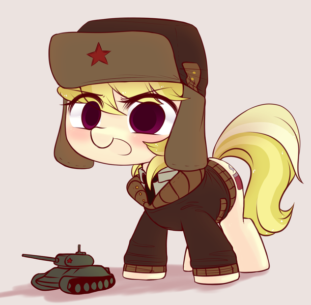 Size: 1388x1364 | Tagged: safe, artist:killasher, derpibooru import, march gustysnows, earth pony, pony, communism, female, filly, hat, military, smiling, solo, t-34, t-34/85, tank (vehicle), ushanka