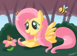 Size: 1024x745 | Tagged: safe, artist:domestic-hedgehog, derpibooru import, fluttershy, bee, butterfly, insect, pegasus, pony, bush, cute, female, flower, grass, lying down, mare, open mouth, shyabetes, sky, smiling, tree, wings