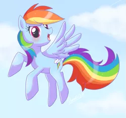 Size: 529x495 | Tagged: safe, artist:domestic-hedgehog, derpibooru import, rainbow dash, pegasus, pony, backwards cutie mark, blushing, cloud, cute, dashabetes, female, flying, looking at you, mare, open mouth, sky, smiling, solo, wings