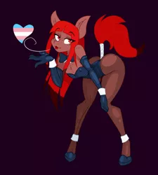 Size: 1474x1635 | Tagged: suggestive, alternate version, artist:lil miss jay, derpibooru import, oc, oc:cayenne pepper, unofficial characters only, anthro, earth pony, unguligrade anthro, ankle bracelet, anthro oc, ass, bent over, blowing a kiss, boob freckles, bowtie, bracelet, breasts, bunny suit, butt, chest fluff, chest freckles, clothes, cuffs (clothes), delicious flat chest, ear fluff, erect nipples, evening gloves, female, freckles, gloves, hand on knee, heart, jewelry, kissy face, lips, lipstick, long gloves, makeup, nipple outline, pride, pride flag, red lipstick, shoulder freckles, simple background, solo, solo female, tail, tail wrap, tight clothing, transgender, two toned mane