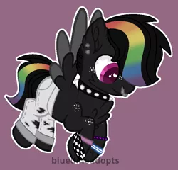 Size: 752x721 | Tagged: safe, artist:bluedinoadopts, derpibooru import, oc, oc:cloud sounds, unofficial characters only, pegasus, pony, bracelet, chest fluff, choker, clothes, ear fluff, ear piercing, earring, flying, freckles, heart eyes, jeans, jewelry, male, multicolored hair, nose piercing, nose ring, pants, piercing, purple background, rainbow hair, raised hoof, ripped pants, ripping clothes, simple background, solo, spiked choker, stallion, torn clothes, two toned wings, wingding eyes, wings, wristband