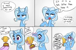 Size: 2677x1763 | Tagged: safe, artist:kaikururu, derpibooru import, trixie, pony, blushing, comic, crying, cute, dialogue, diatrixes, ear fluff, female, grammar error, implied starlight glimmer, mare, offscreen character, open mouth, profile, question mark, speech bubble, tears of joy, wavy mouth